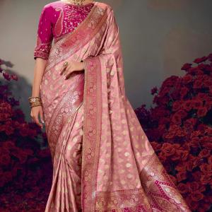 Supernal Baby Pink Banarasi Satin Silk Saree With Elision Blouse Piece