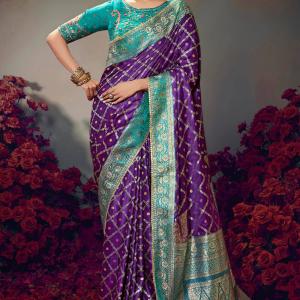 Sophisticated Purple Banarasi Satin Silk Saree With Designer Blouse Piece