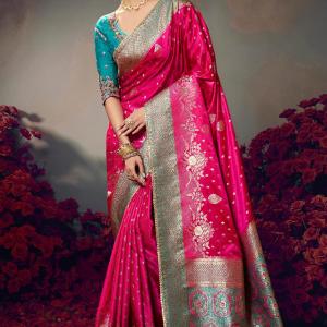 Pretty Dark Pink Banarasi Satin Silk Saree With Cynosure Blouse Piece