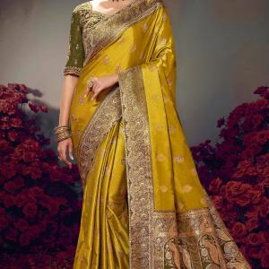 Prodigal Mustard Banarasi Satin Silk Saree With Arresting Blouse Piece