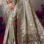Gorgeous Grey Banarasi Satin Silk Saree With Classy Blouse Piece