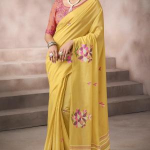 Intricate Yellow Viscose Cotton Silk Saree With Panoply Blouse Piece
