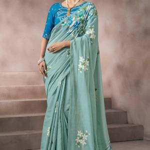 Seraglio Sky Viscose Cotton Silk Saree With Exquisite Blouse Piece