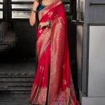 Elegant Red Pure Viscose Dola Silk Saree With Dissemble Blouse Piece