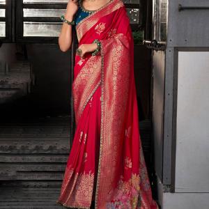 Elegant Red Pure Viscose Dola Silk Saree With Dissemble Blouse Piece