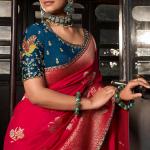 Elegant Red Pure Viscose Dola Silk Saree With Dissemble Blouse Piece