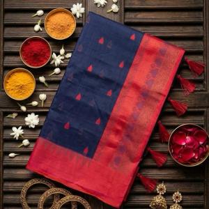 Gorgeous Navy Blue Cotton Silk Saree With Transcendent Blouse Piece