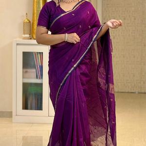 Prettiest Purple Cotton Silk Saree With Glorious Blouse Piece