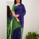 Surpassing Navy Blue Cotton Silk Saree With Blissful Blouse Piece