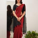Staggering Red Cotton Silk Saree With Brood Blouse Piece