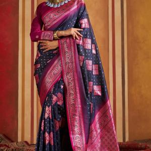 Scintilla Navy Blue Pure Zari Weaving Banarasi Silk Saree With Denouement Blouse Piece