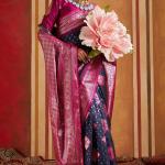Scintilla Navy Blue Pure Zari Weaving Banarasi Silk Saree With Denouement Blouse Piece