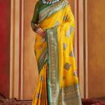 Trendy Yellow Pure Zari Weaving Banarasi Silk Saree With Delightful Blouse Piece