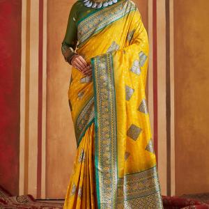 Trendy Yellow Pure Zari Weaving Banarasi Silk Saree With Delightful Blouse Piece