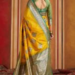 Trendy Yellow Pure Zari Weaving Banarasi Silk Saree With Delightful Blouse Piece