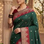 Outstanding Dark Green Pure Zari Weaving Banarasi Silk Saree With Eloquence Blouse Piece
