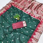 Outstanding Dark Green Pure Zari Weaving Banarasi Silk Saree With Eloquence Blouse Piece