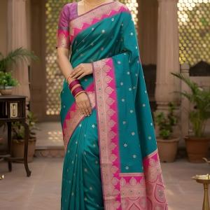 Palimpsest Firozi Pure Zari Weaving Banarasi Silk Saree With Embrocation Blouse Piece