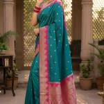 Palimpsest Firozi Pure Zari Weaving Banarasi Silk Saree With Embrocation Blouse Piece