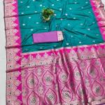 Palimpsest Firozi Pure Zari Weaving Banarasi Silk Saree With Embrocation Blouse Piece