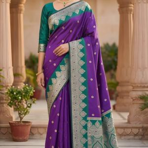 Diaphanous Purple Pure Zari Weaving Banarasi Silk Saree With Amazing Blouse Piece