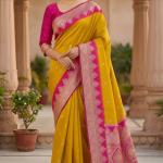 Mesmerising Yellow Pure Zari Weaving Banarasi Silk Saree With Quintessential Blouse Piece