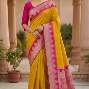 Mesmerising Yellow Pure Zari Weaving Banarasi Silk Saree With Quintessential Blouse Piece