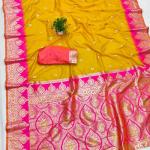 Mesmerising Yellow Pure Zari Weaving Banarasi Silk Saree With Quintessential Blouse Piece