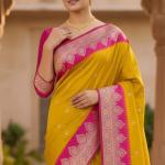 Mesmerising Yellow Pure Zari Weaving Banarasi Silk Saree With Quintessential Blouse Piece
