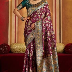 Glowing Purple Pure Zari Weaving Banarasi Silk Saree With Designer Blouse Piece