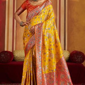 Gratifying Yellow Pure Zari Weaving Banarasi Silk Saree With Piquant Blouse Piece
