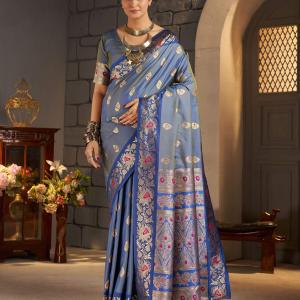 Groovy Blue Pure Zari Weaving Banarasi Silk Saree With Ephemeral Blouse Piece