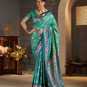 Imaginative Sea Green Pure Zari Weaving Banarasi Silk Saree With Stunning Blouse Piece