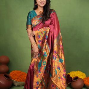 Moiety Maroon Paithani Silk Saree With Girlish Blouse Piece