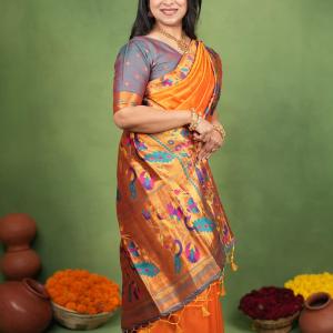 Pulsating Orange Paithani Silk Saree With Bucolic Blouse Piece
