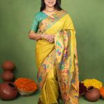 Ravishing Yellow Paithani Silk Saree With Gorgeous Blouse Piece