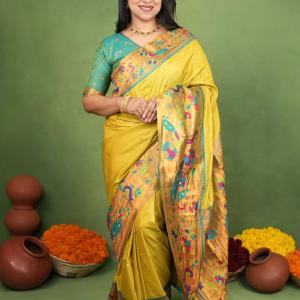Ravishing Yellow Paithani Silk Saree With Gorgeous Blouse Piece