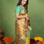 Ravishing Yellow Paithani Silk Saree With Gorgeous Blouse Piece