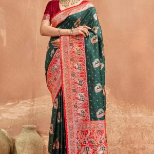 Flameboyant Dark Green Pure Zari Weaving Banarasi Silk Saree With Chatoyant Blouse Piece