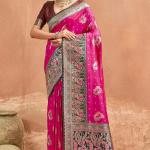Fairytale Dark Pink Pure Zari Weaving Banarasi Silk Saree With Splendiferous Blouse Piece