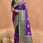 Glowing Purple Pure Zari Weaving Banarasi Silk Saree With Unique Blouse Piece