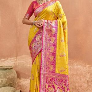 Incredible Yellow Pure Zari Weaving Banarasi Silk Saree With Radiant Blouse Piece