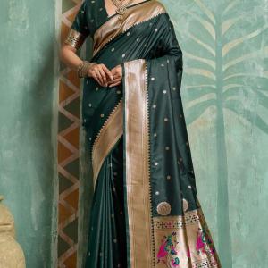 Prominent Dark Green Paithani Silk Saree With Whimsical Blouse Piece