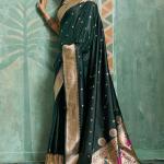Prominent Dark Green Paithani Silk Saree With Whimsical Blouse Piece