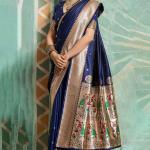 Elision Navy Blue Paithani Silk Saree With Beautiful Blouse Piece