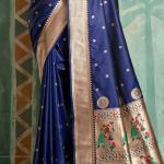 Elision Navy Blue Paithani Silk Saree With Beautiful Blouse Piece