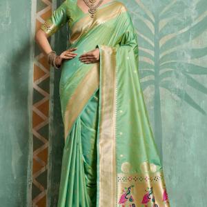 Exceptional Pista Paithani Silk Saree With Groovy Blouse Piece