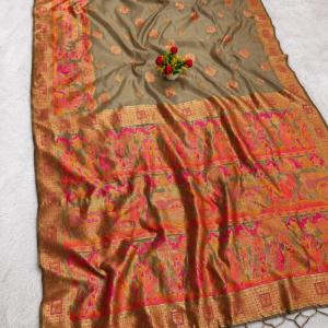 Ephemeral Grey Pashmina Silk Saree With Energetic Blouse Piece