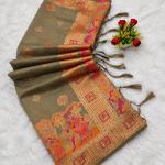 Ephemeral Grey Pashmina Silk Saree With Energetic Blouse Piece