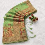 Smashing Pista Pashmina Silk Saree With Blooming Blouse Piece